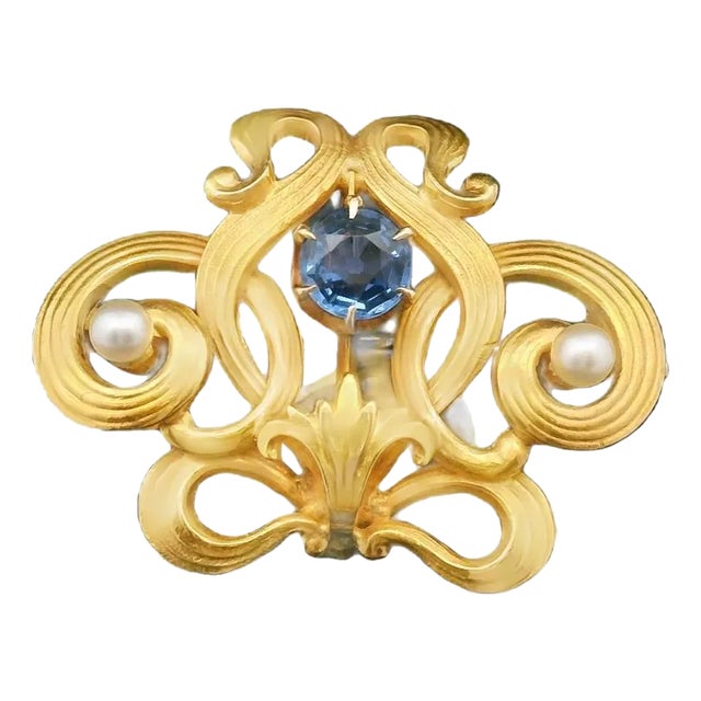 Early 20th Century Antique 14k Yellow Gold Seed Pearl & Sapphire Brooch/Watch Fob For Sale