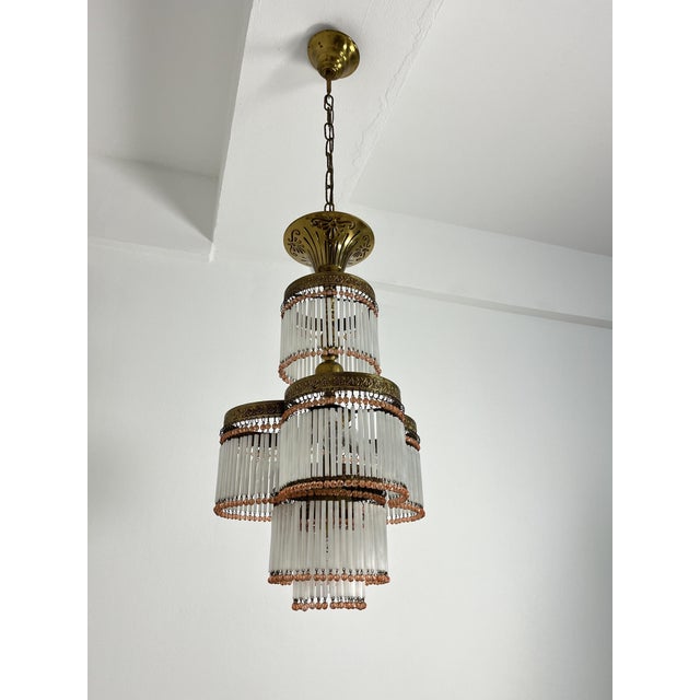 Art Deco 4-Light Chandelier in Brass and Glass, 1940s For Sale - Image 3 of 8