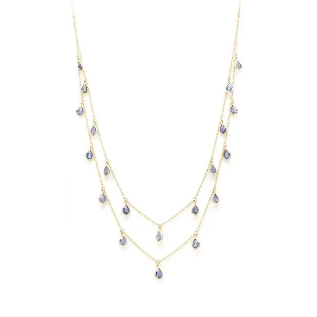 Modern 10.8ct Sapphire Teardrop Shape Two Strand Chain Necklace in 18k Yellow Gold For Sale - Image 3 of 11