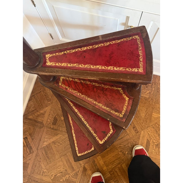 Embossed leather on each step, showing authentic age patina. Likely made around 1940. Unmarked. Petite and lightweight,...