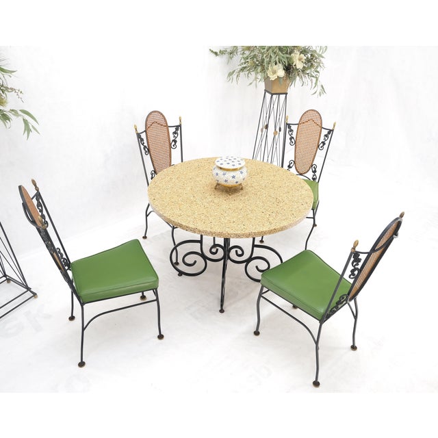 Mid 20th Century Resin Cast Abalone Shell Round Top Outdoor Table 4 Cane Back Chairs Iron Set For Sale - Image 15 of 16