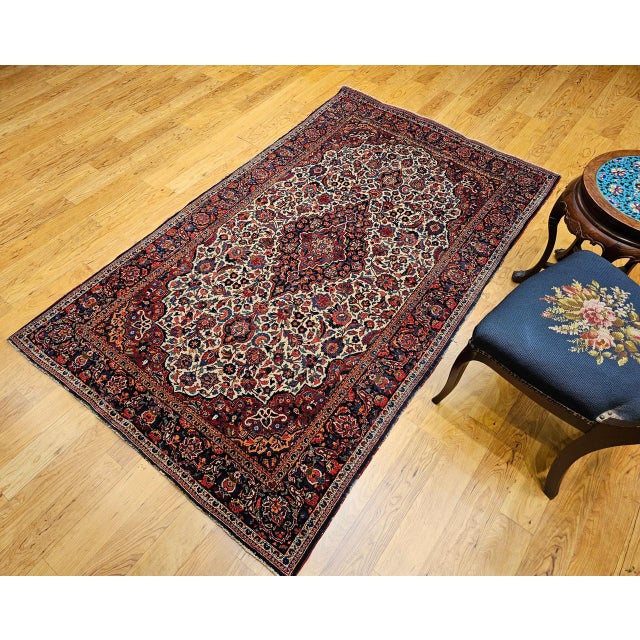 1900 - 1909 Early 20th Century Persian Kashan Rug, Hand-Knotted Wool, Floral Design, Ivory & Blue, 4x7 For Sale - Image 5 of 17