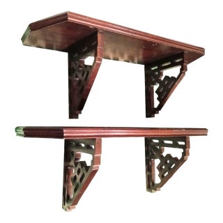 Vintage Dark Stained Fretwork Chippendale Wood Wall Shelves- a Pair For Sale