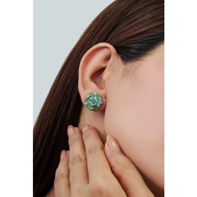 Gemstone 925 Silver 6.21 Ct Emerald and Diamond Floral Cluster Stud Earrings, a Pair For Sale - Image 7 of 12