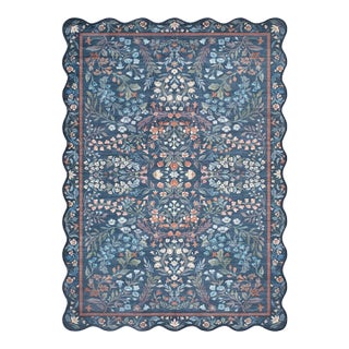 Navy Washable Folk Floral Rug with Scalloped Edge, 5x8 For Sale