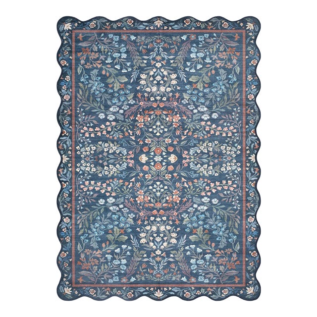 Navy Washable Folk Floral Rug with Scalloped Edge, 5x8 For Sale