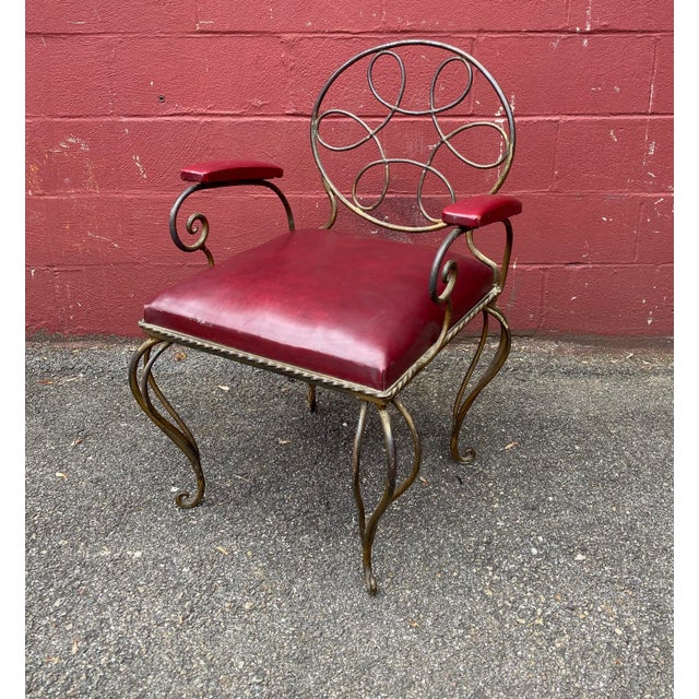 1940s Ornate Wrought Iron Armchair in Oxblood Red Vinyl For Sale - Image 5 of 12