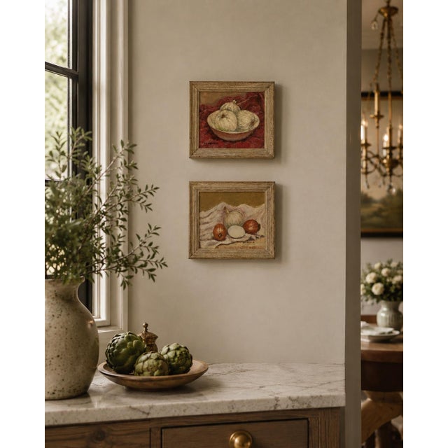 A charming pair of vintage original oil paintings depicting rustic onion still lifes, each signed “Dot Pressler.” Painted...
