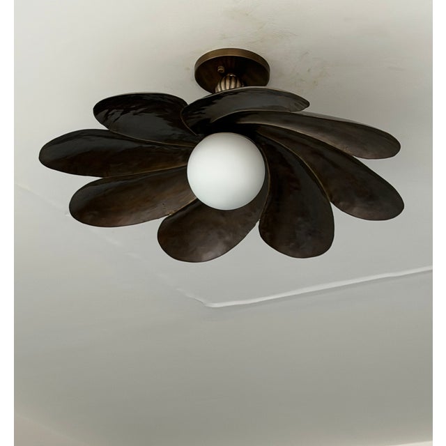 Not Yet Made - Made To Order Black Antique Brass Semi Flush Mount Light Fixture, Handmade Flower Ceiling Light For Sale - Image 5 of 18
