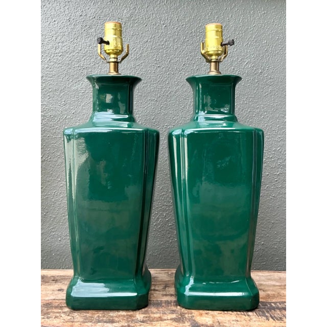 Late 20th Century Vintage Glazed Ceramic Table Lamps - Pair For Sale - Image 5 of 12