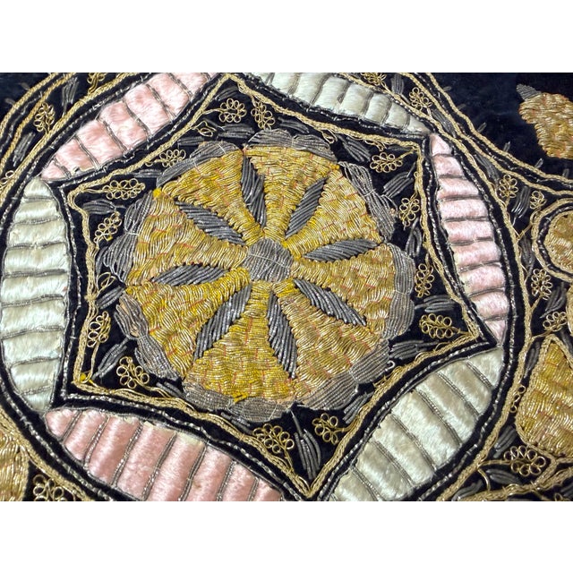 Turkish Antique Handmade Square Turkish Metal Threaded Embroidered Tapestry Tablecloth For Sale - Image 3 of 13