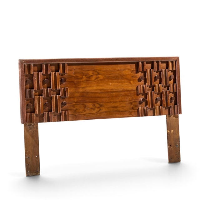 Paul Evans Style Mid Century Canadian Brutalist Walnut Queen Headboard This headboard measures: 62 wide x 1.75 deep x 40...