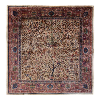 Antique Indo-Tabriz Square Rug With Pictorials and Floral Pattern | Rug & Kilim For Sale