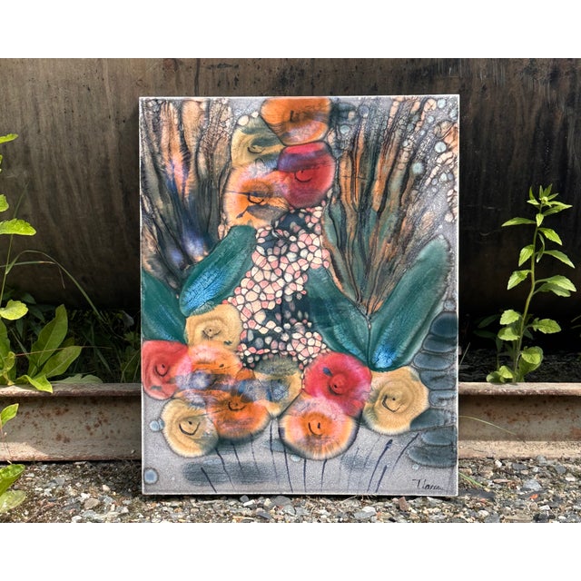 Ceramic Hand-Painted Ceramic Art Wall Panel or Tile with Flower & Plant Motifs by Traute Lossau for Kupfermühle KMK Keramik, West Germany, 1960s For Sale - Image 7 of 18