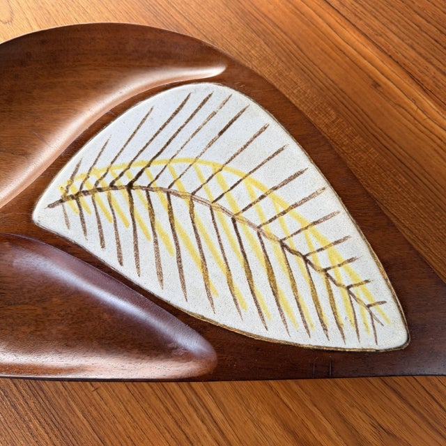 Emil Milan Sculptural Bissilon Mahogany Leaf Shaped Vessel With Ceramic Inlay, 1960s For Sale In New York - Image 6 of 8