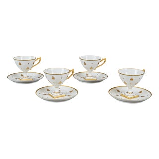 Empire Gilded Porcelain Cups and Plates from Camille Le Tallec, 1940s, Set of 8 For Sale