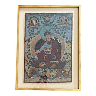 Late 19th Century Hand-Painted Tibetan Thangka-Style Devotional Painting on Linen Framed For Sale