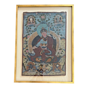 Late 19th Century Hand-Painted Tibetan Thangka-Style Devotional Painting on Linen Framed