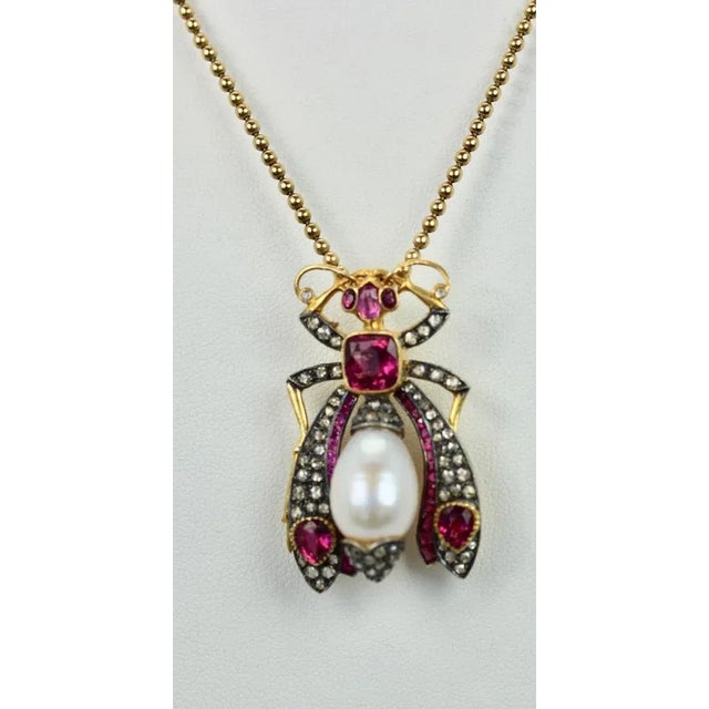 Early 20th Century Antique Ruby Pearl Diamond 18k Insect Brooch Pendant For Sale - Image 5 of 7