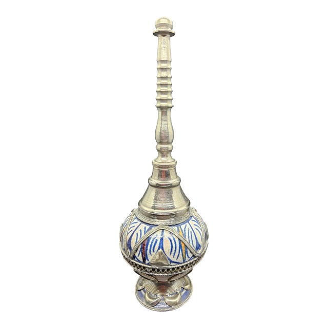 Traditional Moroccan Ceramic and White Metal Perfume/Rosewater Sprinkle For Sale