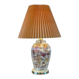 Vintage Coastal Glass Ginger Jar Shell Lamp For Sale