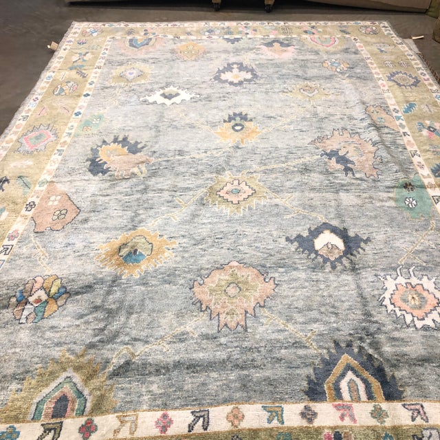 Contemporary Turkish Oushak Rug in Gray-Blue With Beige Border, 9'8" X 14'4" For Sale - Image 4 of 4