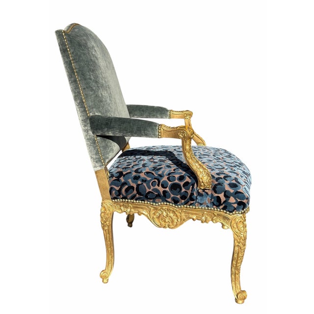 Dessin Fournir Quatrain for Dessin Fournir Louis XV Style Giltwood Fauteuil Arm Chair W Blue Silk Velvet For Sale - Image 4 of 5