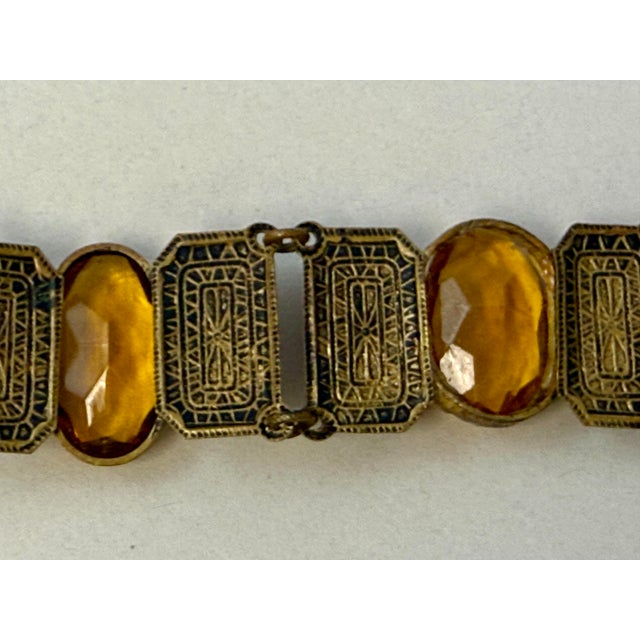 Czech Art Deco Bezel Set Citrine Amber Glass Panel Bracelet Signed Antique For Sale - Image 4 of 9