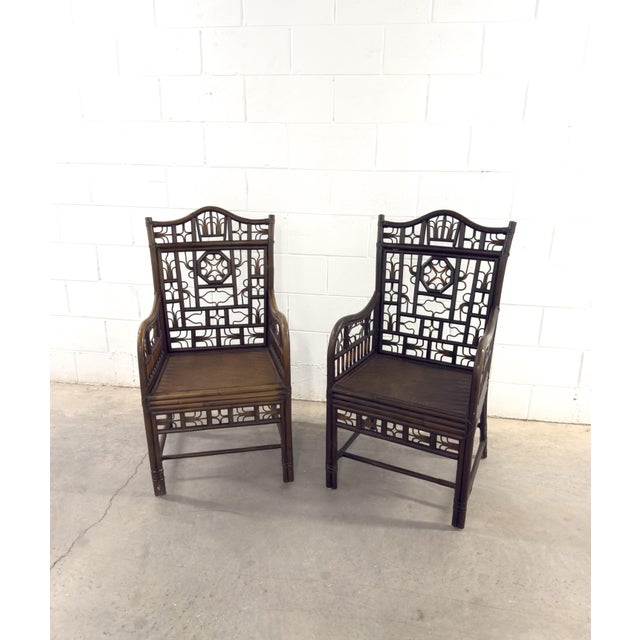 Hollywood Regency Set of 2 Vintage Mid 20th Century Bamboo Brighton Pavilion Arm Chairs For Sale - Image 3 of 10
