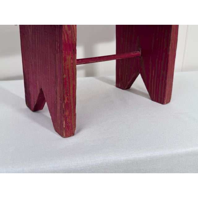 Antique Primitive American Quilted Top Red Painted Solid Wood Low Stool For Sale - Image 11 of 11
