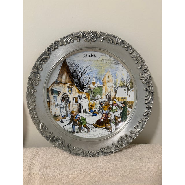 1980s Pewter and Porcelain Season Plate For Sale - Image 4 of 5