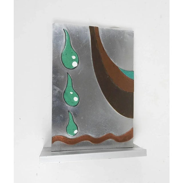 Vintage circa 1920's mixed metal enamel abstract artist studio design sculptures or bookends. Wood is sandwiched between...