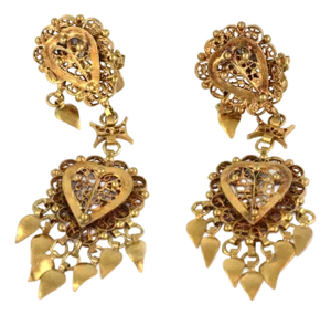 Double Hearts Filigree Heart Tassel 14k Yellow Gold Dangle Earrings