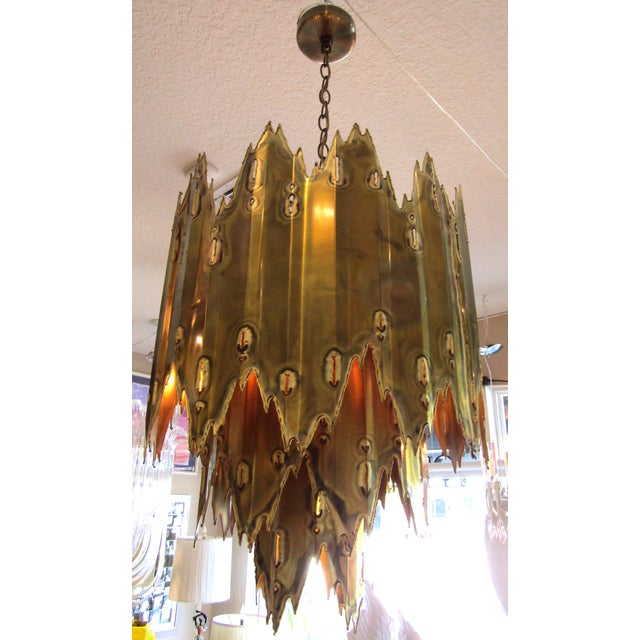 1970s Mid Century Modern Tom Greene Torch Cut Brass Brutalist Chandeliers - a Pair For Sale - Image 15 of 18