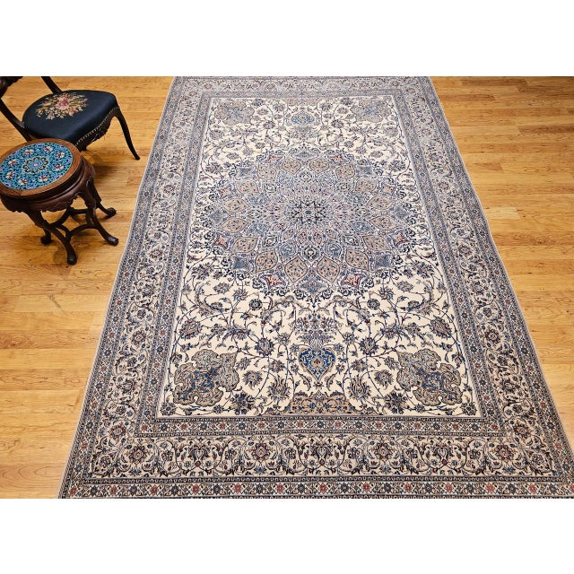 Vintage Exceptionally Fine Persian Nain Area Rug, Hand-Knotted Wool & Silk, Floral Pattern, 7x11, Ivory & Blue For Sale - Image 11 of 18