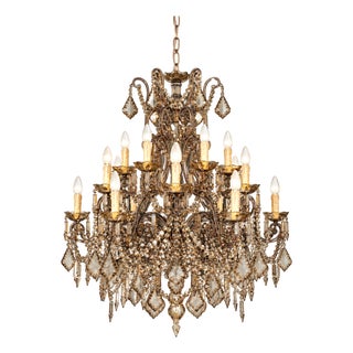 Italian Solid Brass Chandelier With Antique Bohemian Crystals For Sale