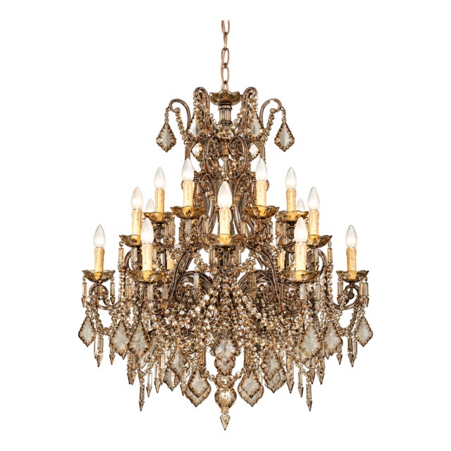 Italian Solid Brass Chandelier With Antique Bohemian Crystals For Sale