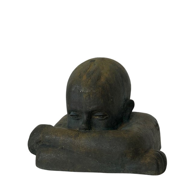 Figurative 1970s Victor Salmones Bronze Child in Thought For Sale - Image 3 of 5