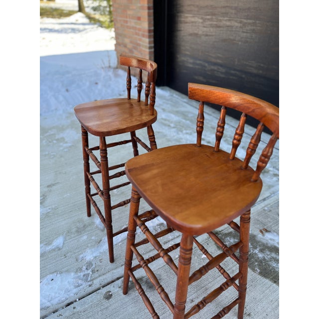 Farmhouse Antique Late 19th Century Spindle Bobbin Early American Bar Stools - a Pair For Sale - Image 3 of 9