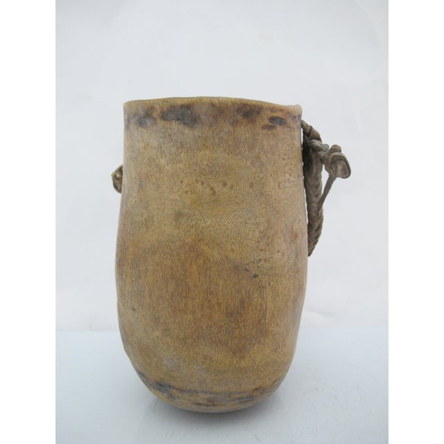 Native American Pacific Nw Coast Native American Wood Cup Bowl Mortar With Leather Handle For Sale - Image 3 of 8