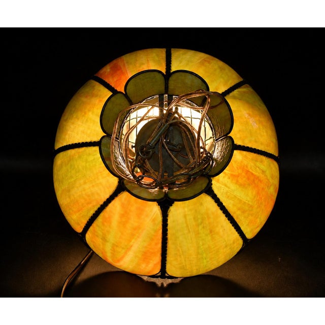 Antique Avocado Ceiling Light Shade With Slag Glass and Bronze Bands For Sale In Los Angeles - Image 6 of 18