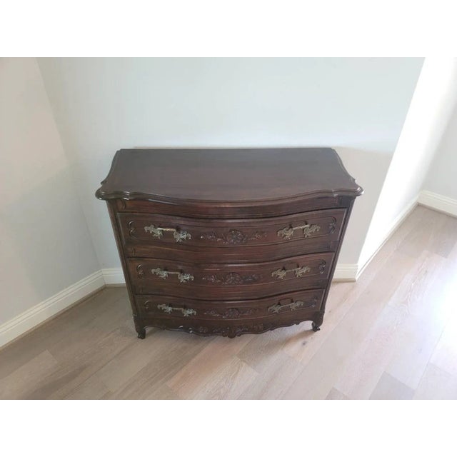 French Provincial Fine Antique Country French Provincial Louis XV Style Carved Solid Wood & Bronze Chest of Drawers Dresser For Sale - Image 3 of 11