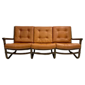 Mid-Century Modern Rattan and Cognac Leather Sofa, Italy, 1970s