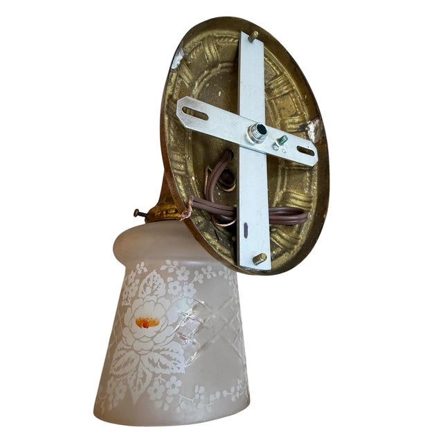 Victorian 1920s Victorian Wheel Cut Etched Flower Wall Sconces on Original Brass Holders - Pair For Sale - Image 3 of 7