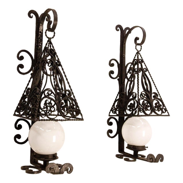 French Sconces in Wrought Iron and Opalin Glass, 1960, Set of 2 For Sale