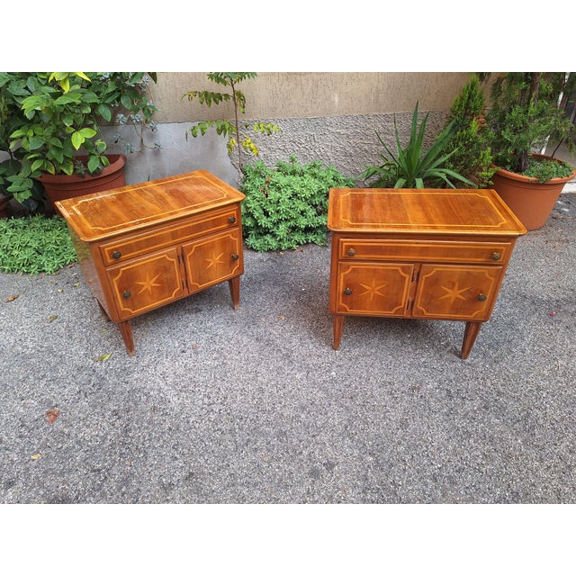 Light Wood Bedside Tables with Compass Rose Inlays by Mario Cereghini, Set of 2, in Very Good conditions. Designed 1920 to...