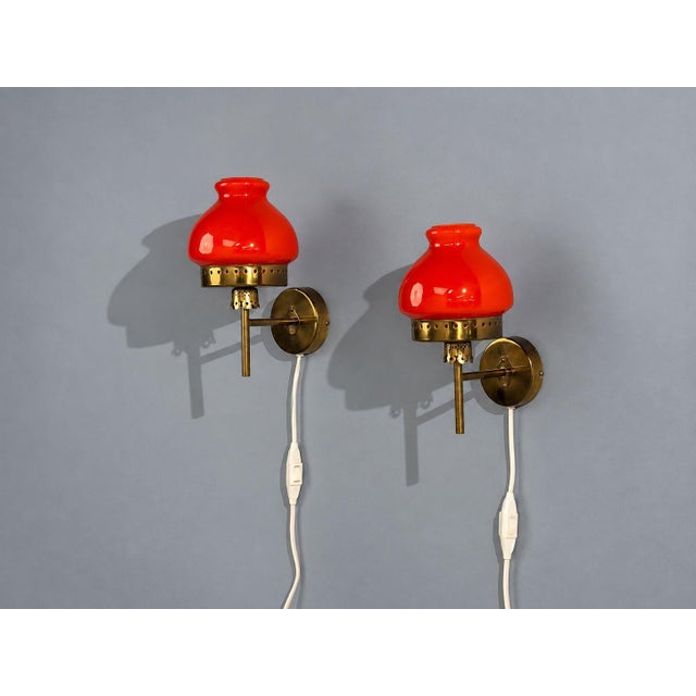 Mid-Century Modern 1970s Örsjö Industri Ab, Wall Lights, Brass, Orange Glass - Pair For Sale - Image 3 of 11