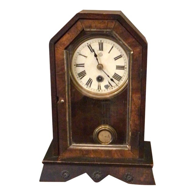 Antique Late 19th Century Wooden Mantle Clock For Sale