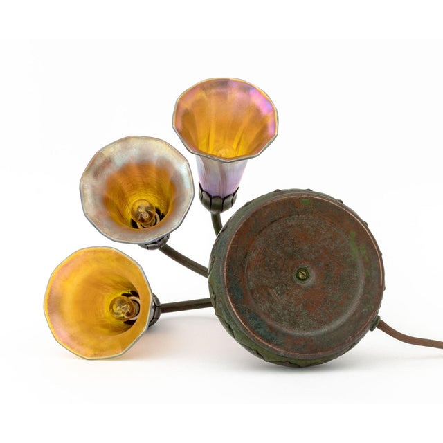 Metal Tiffany Studios Three-Light "Lily" Table Lamp For Sale - Image 7 of 11