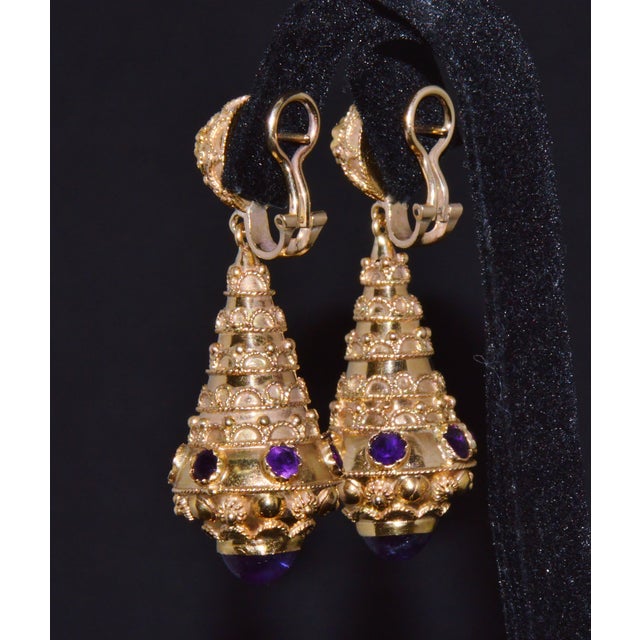 Purple Late 19th Century Gorgeous Italian Etruscan Revival 18k 750 Solid Gold Amethyst Dangle Chandelier Earrings For Sale - Image 8 of 13